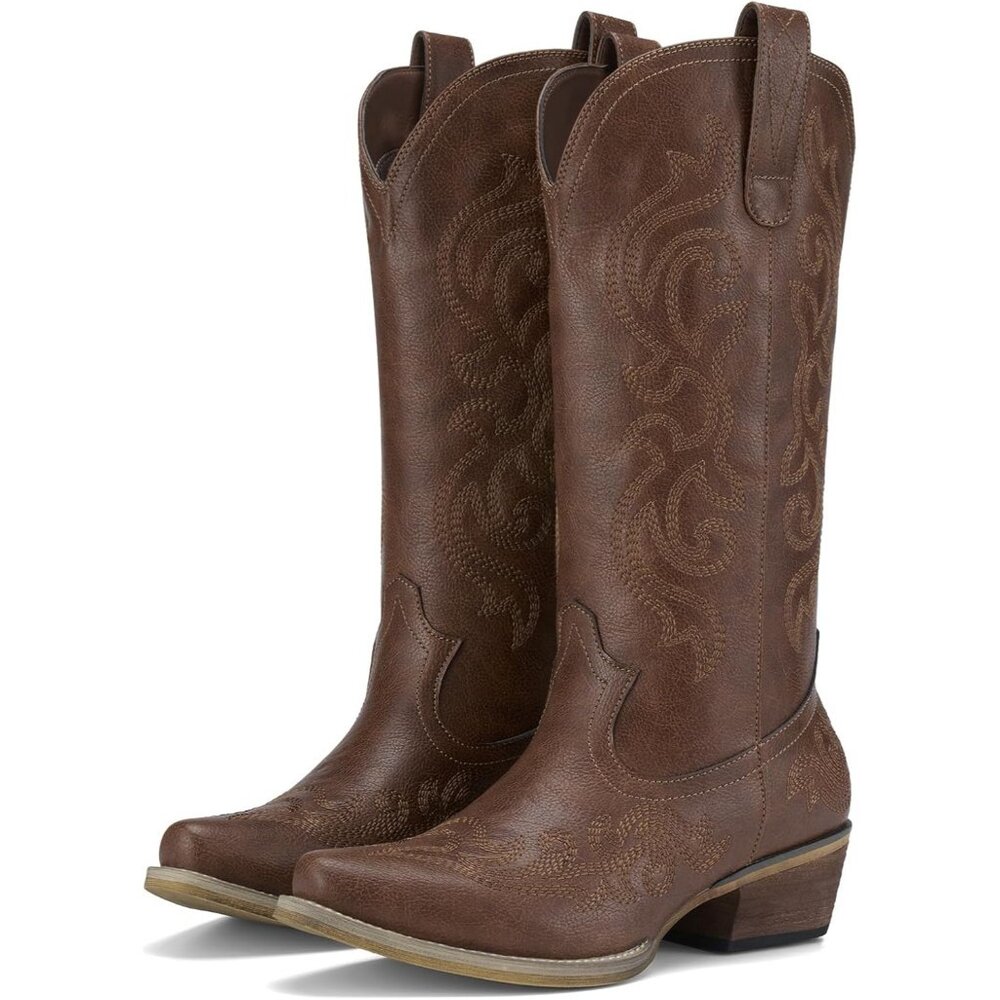 ⚡ Women Bronze Synthetic Leathers Cowgirl Chunky Heel Snip Toe Mid-Calf Boots